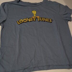 Women's Looney Tunes Juniors Blue T-Shirt L/G 11/13 Glittery Y2K Top Women
